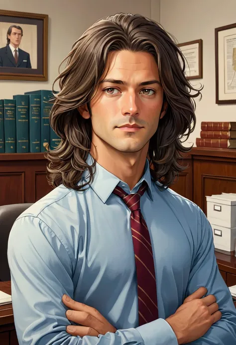 a 2 guy with shoulder length hair in a small law office