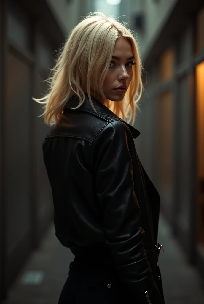 Blonde woman from the back, with black leather jacket looking to the side not showing his face 