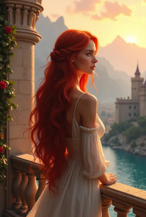 Beautiful red hair woman, long and wavy on the balcony of a castle, contemplating a lake and mountains during a sunset, with his back to the viewer
