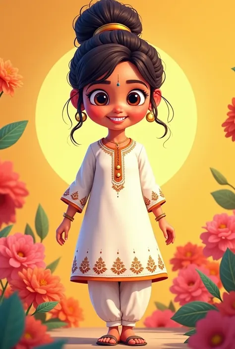 A girl with white indian suit and bun with bindi 
Cartoon comic girl