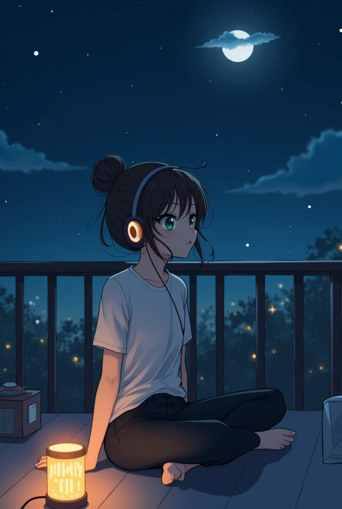 Mid night half moon, rare could, on the terrace, girls tshirt white colour pant black colour, a girl sitting with a lamp is front of girl
, listening song with headphone, hairstyle is bun, hairs are flying lightly, girl face is hide