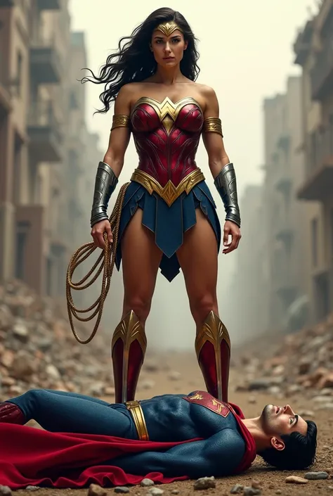 Wonder Woman stepping on the neck of a defeated Superman 