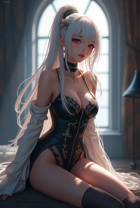 anime girl with white hair, onmyoji detailed art, onmyoji, lit from behind, thicc, ashe, cutesexyrobutts, bending over, 2b, 2 b, , onmyoji portrait, beautiful anime girl squatting, pixiv 3dcg, thick smooth warframe thighs