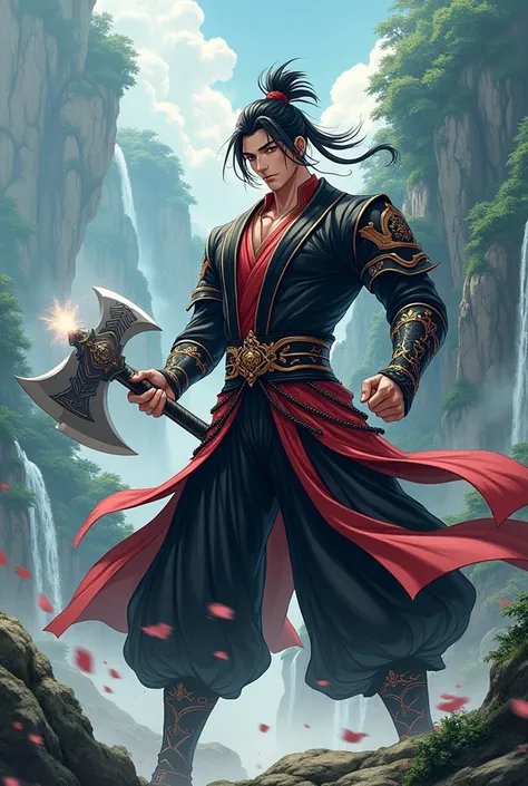 Make a Chinese axe from cultivator manhwa,I want him with black hair, eyes black,wears a black outfit with red details, he is a 400 year old man. I want it as an anime