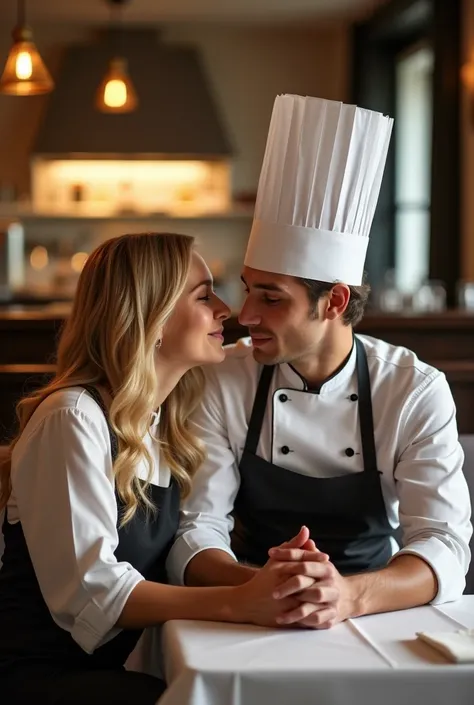 Couple blonde woman in the restaurant next to her a blonde man with blue eyes dressed as a chef cook