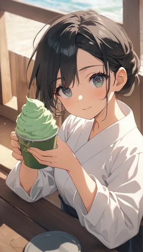 (((green tea ice cream in a cup with a spoon)))、Yukata、((black hair,black eye:1.2)),High quality, high definition images, full HD, 8k,((Highest quality、masterpiece、Anime Style、Highest quality、High resolution、8k、detailed、ultra-detailed:1.3)),Beautiful girl