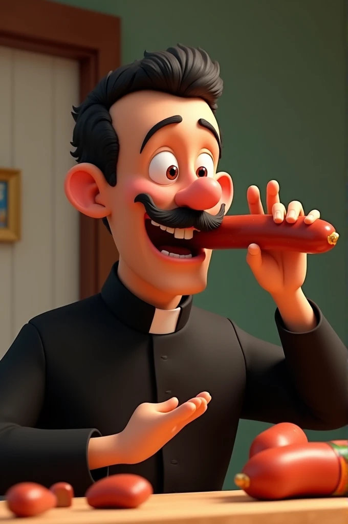 Mario Moreno Cantinflas animated dressed as a priest eating a chorizo 