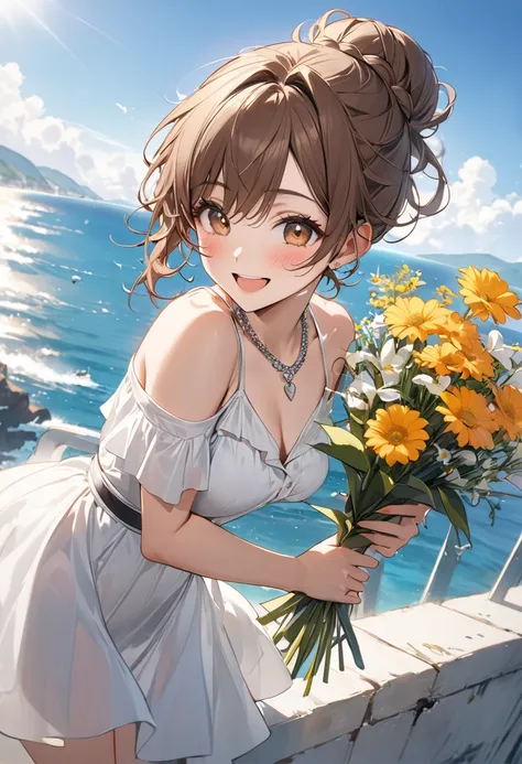 Advanced Details, high quality, masterpiece, 1 female, Happy expression, Brown Hair, Messy hair tied up in a bun, (比基尼: 1.1),  High heels, Natural Makeup, (Silver Necklace: 1.2), Holding flowers, The sea is in the background, Outdoor, Sunny day