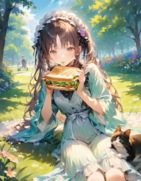 ((Highest quality)), ((masterpiece)), (detailed), 8k、Picnic in the park: 「A woman on a blanket on the grass in the park、A scene of a cat enjoying a picnic。She is eating a sandwich、The cat is interested in the insects and leaves around it.。In the background...