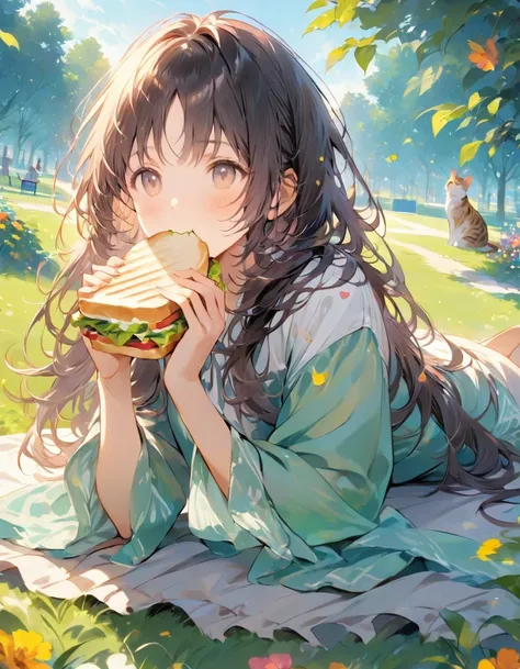 ((highest quality)), ((masterpiece)), (detailed), 8k、picnic in the park: 「a woman on a blanket on the grass in the park、a scene ...