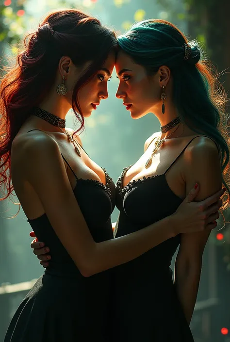 (Top Quality,Masterpiece:1.3,Super High Resolution),(High Definition,8K),(Real:1.4,RAW Shooting). Blurred background, mysterious background, vampire, sexy and attractive woman, two women embracing, facing front, seducing, big eyes, golden snake eyes, front...