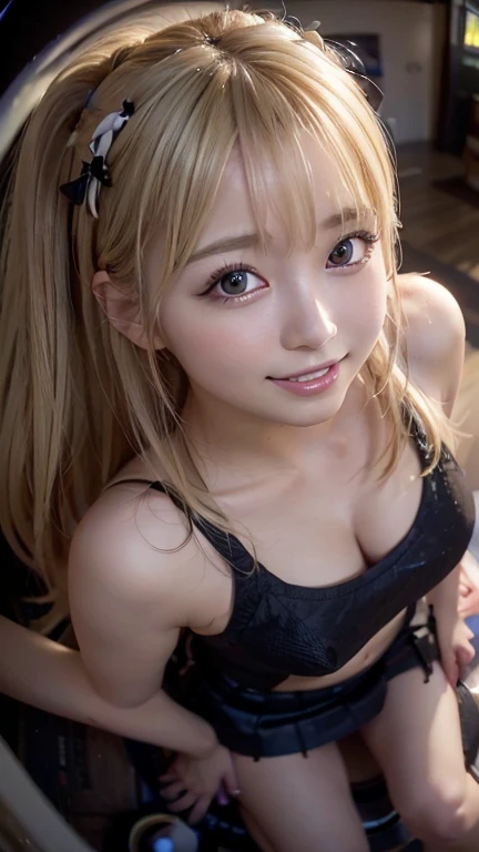 Highest quality, masterpiece, Ultra-high resolution,8k, (Realistic:1.6), (Make up Portrait:1.4) RAW Photos,((Side-parted white blonde long hair)), Soft looking breasts,((Jet black blue mini skirt fashion)),((Upfacial)),((k-popアイドルメイク)),One Girl,(smile, Sho...