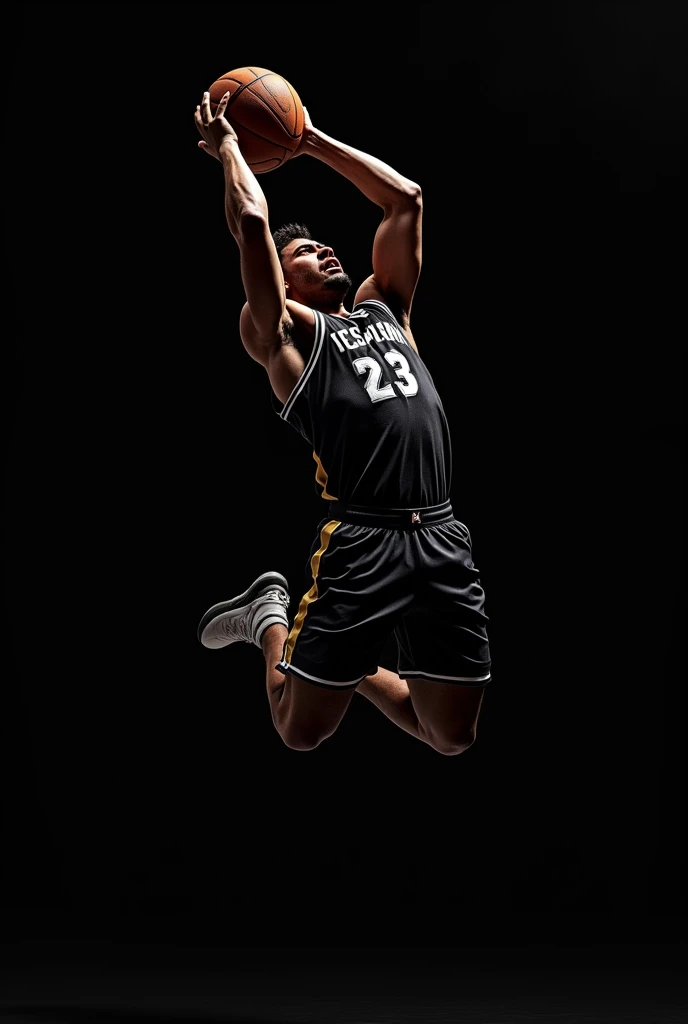 Basketball player angry face, jumping to shoot the 3-point ball, front view, with black background