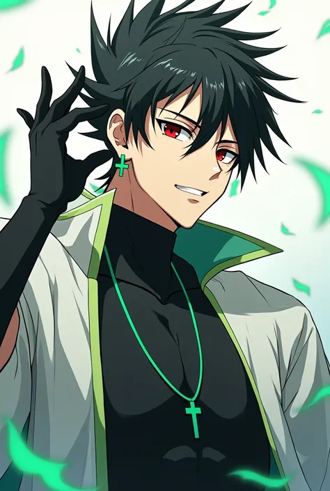 anime style character, with approximately , great physical appearance, with black and white colored hair, a cross earring with the color green, scarlet red eyes, wears black gloves, a white haori with green highlights, male gender, tall and intimidating ap...