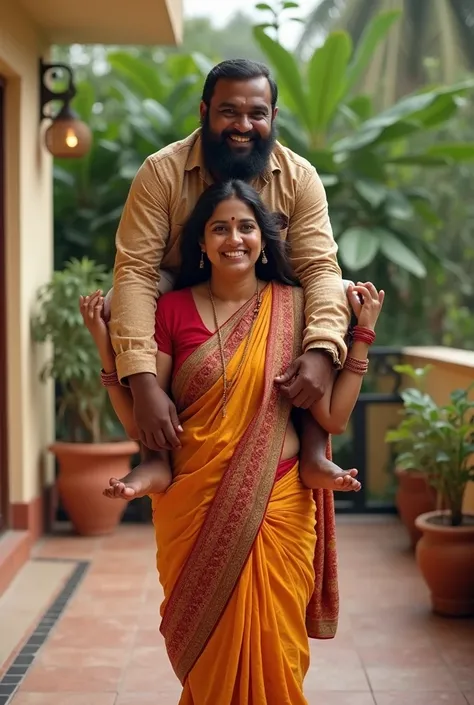 Create a realistic photograph of a smiling and beautiful Marathi traditional woman in saree carrying a large stout indian man on her shoulder , in a home terrace, man is sitting on top of her shoulder, man on top, woman standing at bottom 