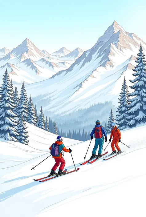 Coloring page of snowy mountains with people skiing.