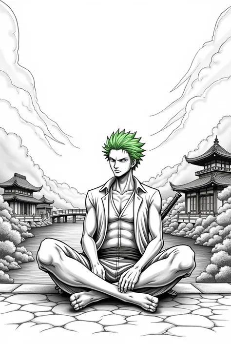 roronoa zoro in the land of wano relaxed in black and white coloring page