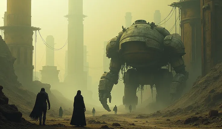 Post-apocalyptic Mechanical World: Amidst the dim,yellowish sky loom towering forests of steel,where abandoned robots and drones roam through ruins like beasts on the hunt. Frayed cables,corroded clusters of buildings,and ceaselessly moving mechanical bein...