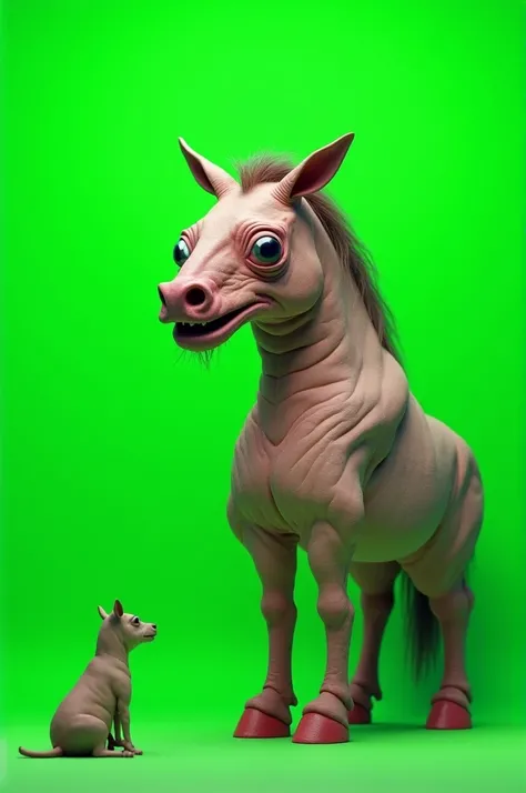 An ugly horse watching a green screen 
