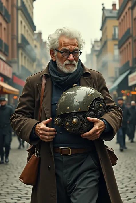 An old watchmaker carrying a robot through the city