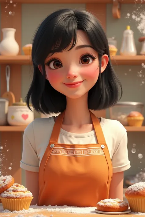 A Disney Pixar-inspired movie poster. Lene is a great baker, a woman with straight, medium-length black hair, slightly slanted dark brown eyes.
