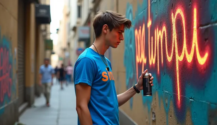 A stylish young man stands in a narrow alley in the city centre, surrounded by sandy concrete walls. He wears a blue t-shirt with bold white letters that read "SiMus", signalling his identity as a musician. His posture is relaxed yet confident, holding a s...