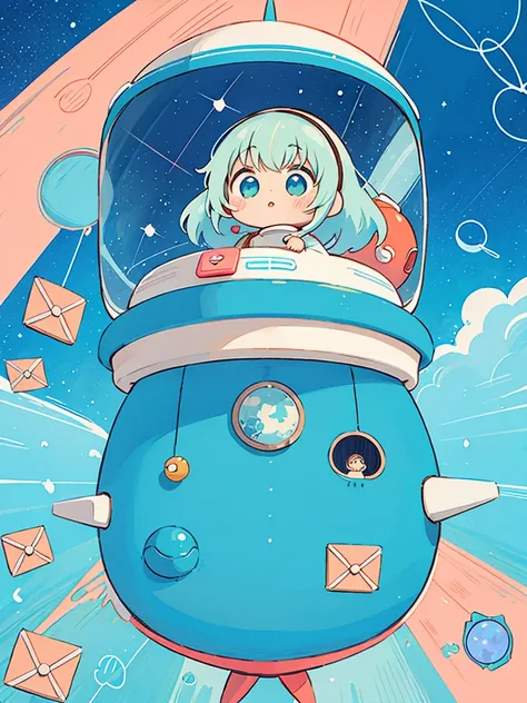 Hayao Miyazaki colorful style, Kawaii Design, most beautiful girl ever、chibi,  (((letter))), “おはよう“   (((Inside the spaceship))), Galactic Universe