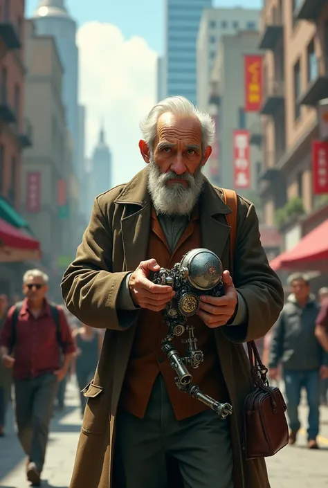 An old watchmaker carrying a miniature robot through the city