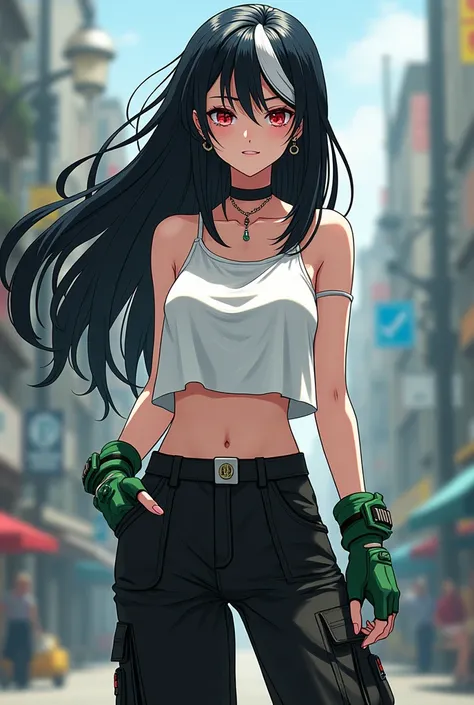 Create an anime girl with black hair, rosewood eyes, wearing black wide-leg pants with pockets, green biker gloves, a white top, and part of her hair is white.
