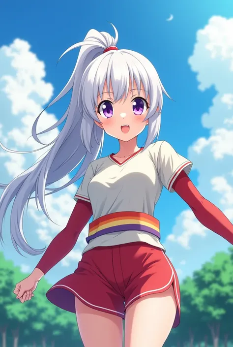 HD、Animation style、white hair 、Purple Eyes、girl、plump breasts 、High school student 、single ponytail、Baseball player、Light color short sleeve top、Long sleeve red underwear、Good shape、Thin、sash、Sky、cloud、sunny、Cycling