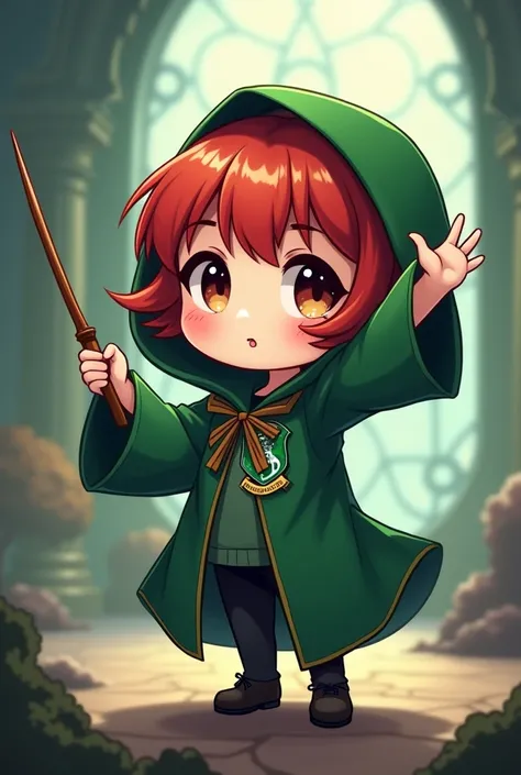 Short red hair with bangs, dark brown eyes, hogwarts slytherin cape on with hood, waving a wand, chibi, cute
