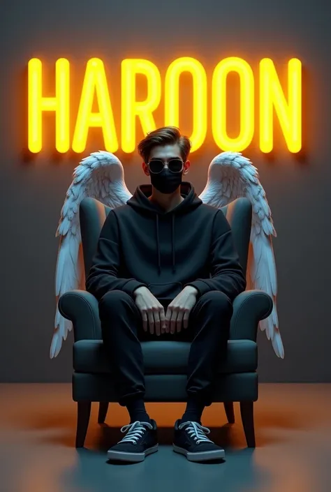 - Create a 3D illusion for a profile picture where a 2 cute boy in a black hoodie Sitting casually on a Wingback chair. Wearing sneakers, with black mask, and sunglasses, he looks ahead. The background features “Haroon” in big and capital Yellow neon light...