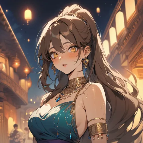 ((Highest quality)), ((masterpiece)), (detailed), young woman, Medium Bust, Brown Hair, Yellow Eyes, ((Long Hair, ponytail)), Handsome face, (Sunburned skin:1.3), Long eyelashes, Thick eyelashes, indian dress transparent (((Sally))), Head Jewelry, necklace...