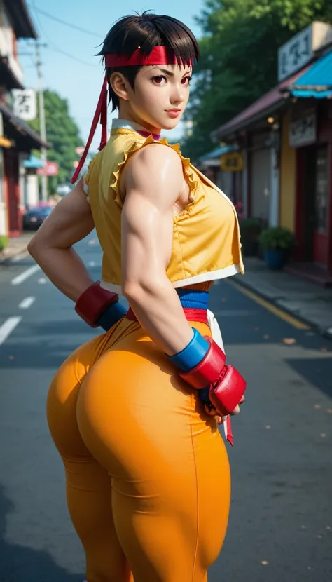 ((Sakura Kasugano from street fighter:1.8)) masterpiece:1.8, big rounded-shaped ass, Wide hips, thick thighs, large breast, from the front,