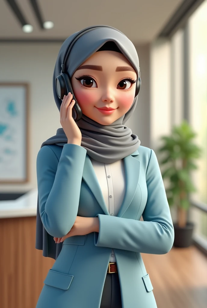 (photorealism:1.2), 3d cartoon character asian look, beautiful woman, working as a receptionist, wearing grey hijab, wearing light blue blazer and white shirt, she is using a headphone, she is standing