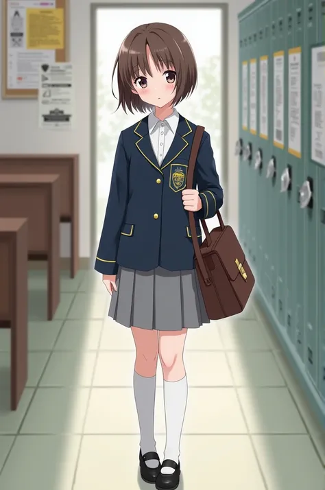 A girl in school uniform wearing white stockings with black bukle shoes 