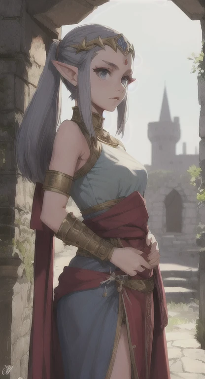 Young Ancient Sheikah, age 20, Princess Kelryna, looking at viewer, ancient armor, long messy hair, ancient Hyrule, Monolyn castle, 