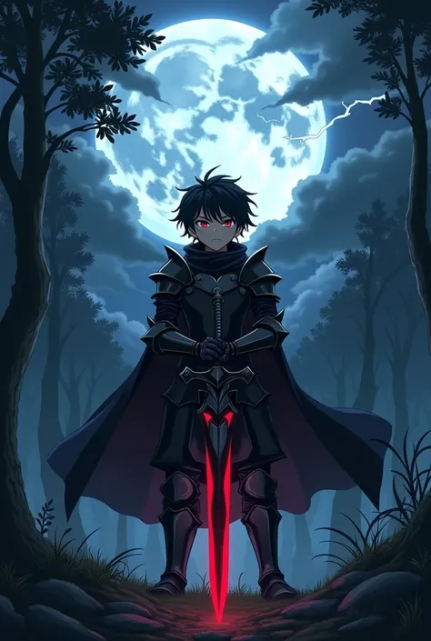 A boy with dark armor, a dark knight type armor cape and I want it to be anime type with a dark background forest on a full moon night with a thunderstorm. The boy looks up dramatically. He doesn&#39;t have a helmet. His hair is black, his eyes are ruby re...