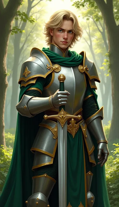 Create a heroic medieval fantasy character。Young、A young man with an aristocratic and determined expression.、She has voluminous, shoulder-length blonde hair and piercing green eyes.。He wears silver armor decorated with gold and green ornaments.、In his hand...