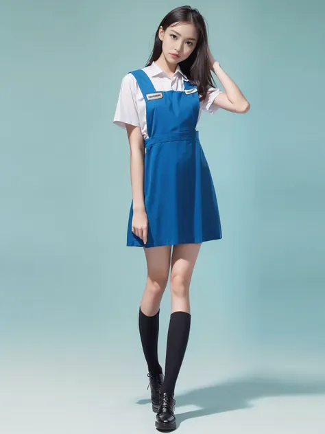 1girl with cute face and black hair, model posing, standing, wearing white shirt, pinafore length over knee, (blue uniform:1.2),...