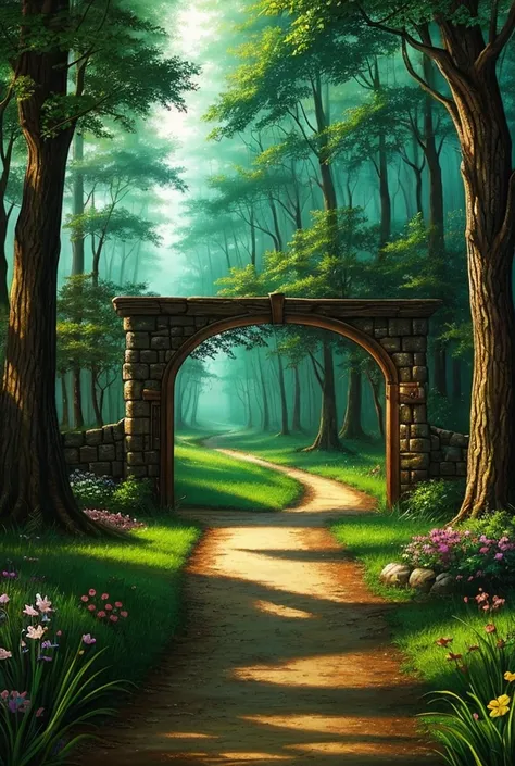 Draw me a picture of a fantasy forest With a gate to another world