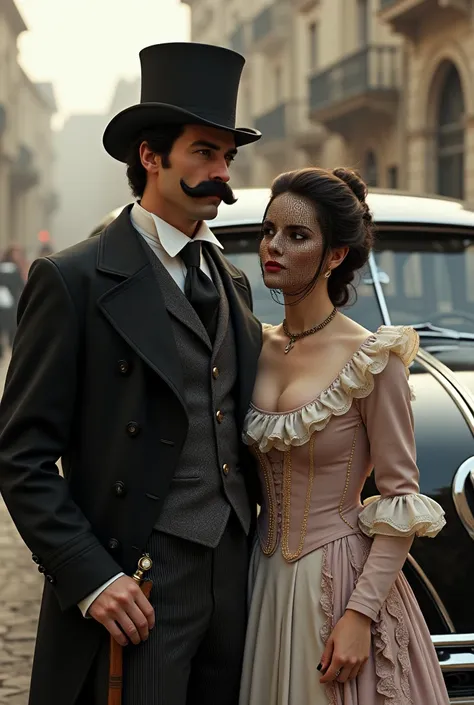 Man dressed in 1800s clothing, top hats, toothpick, mono glasses on the face, pocket watch and cane and thick mustache, woman with glove dress model 1800 screen on the face protecting old hairstyle, the two of them together lean against a Volkswagen Voyage...