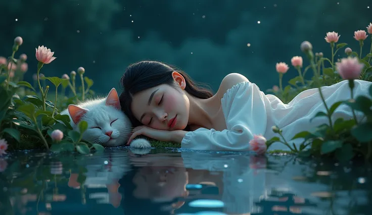 A beautiful young woman sleeping in the garden, quiet水面に映る彼女の姿, stars in the night sky々, dream like, Calm, (higher quality, 4K, 8k, high resolution, work of art:1.2), very detailled, (realisitic, photorealisitic, photo-realisitic:1.37), high resolution, 超h...