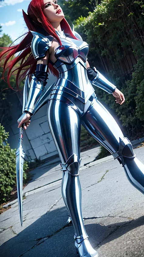 full body, realistic 1.5, corpo atlética, masterpiace, erza scarlet, anime fairy tail, red lips, light armor, close'up, cinemati...