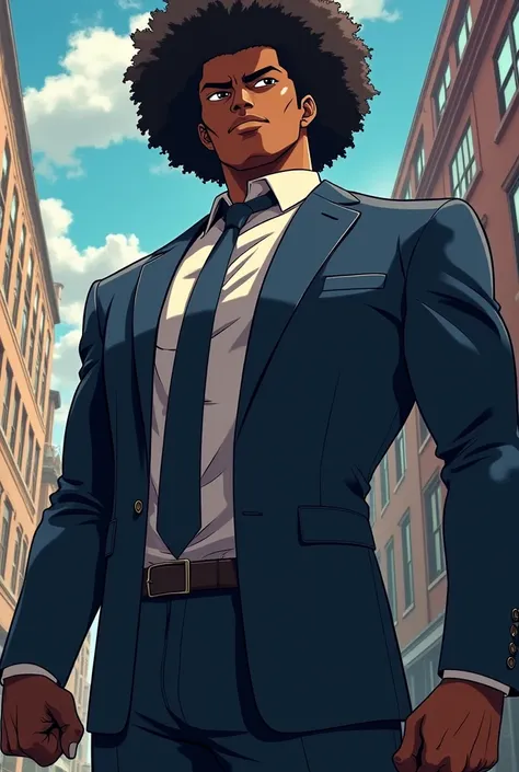 Vitor is a tall Afro-Japanese man who is slightly above average height.. He is very muscular in stature, which contributes to his status as William&#39;s main and most trusted enforcer. Make it anime style 