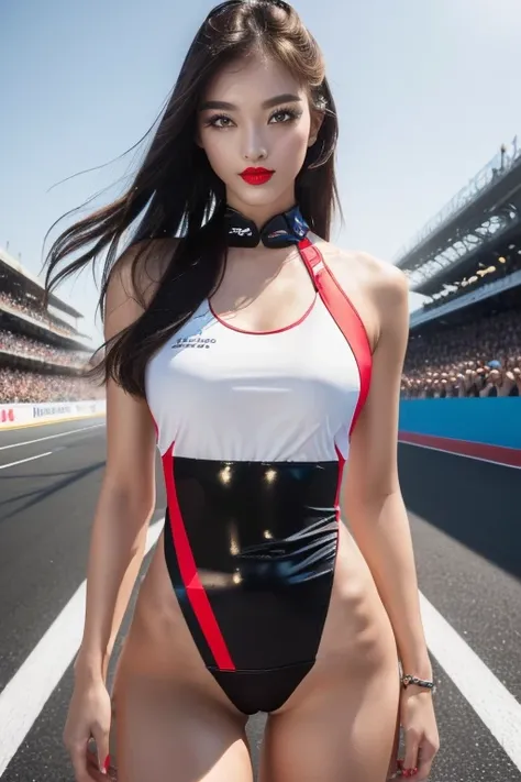 (masterpiece:1.4)、(premium:1.4)、 1 girl in, the fascinating girl on the f1 grid, looking at the viewers, alone ,realisitic,(shin...