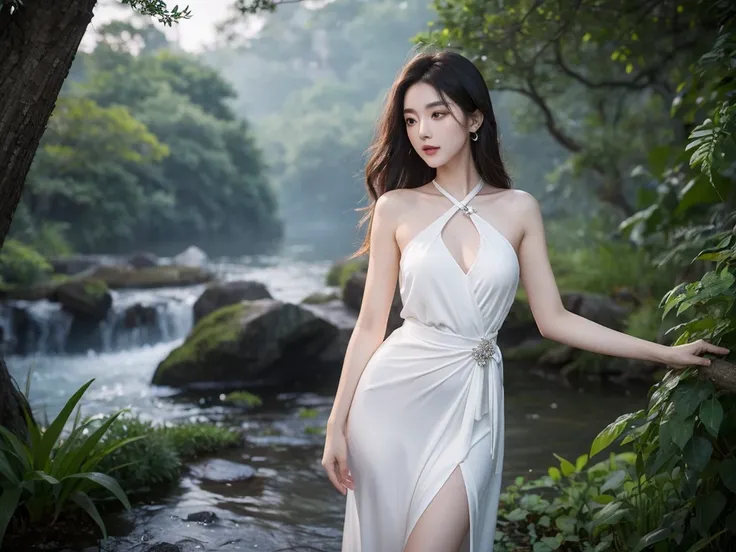 Romantic Rose White Dress 2, Deep in Wonderland，The moonlight falls like water，foggy room，The figure of the heroine is vaguely visible，Just like the fairy in the painting，Slender sexy legs，Very beautiful legs，Show sexy，Large Breasts，Beautiful with a hint o...