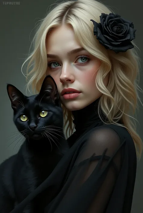  Medium hair blonde with black cat and black rose