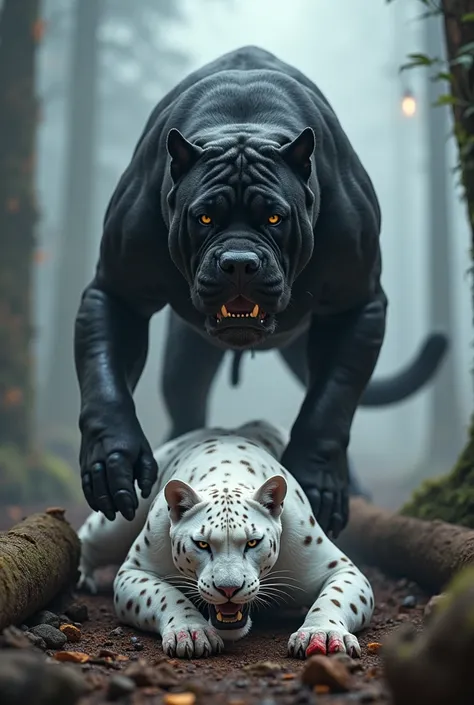 A mighty black bull dog ​​stands atop a stone white panther in a misty forest setting. The bull dog growled its sharp teeth. The white panther is lying on the ground, with visible signs of injury and blood, emphasizing the collision. The scene is surrounde...