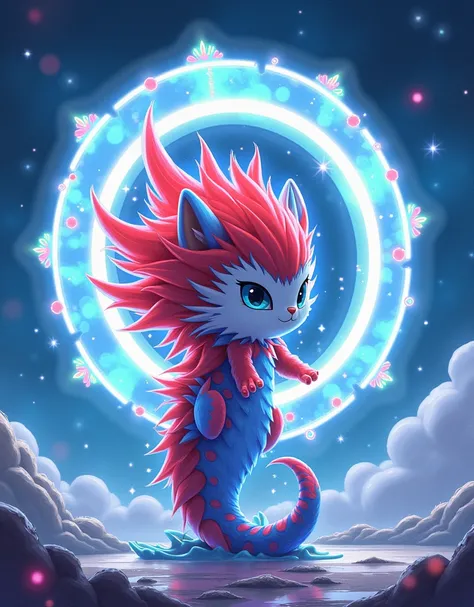 best quality,masterpiece, CG,Extremely detailed ,high resolution, Ocean Art Mascot, Red and blue join, Added lavender, (Colorful gradients)，Splashing picture, Mysterious white crystal magic circle background,fantasy, Starry Sky, Vibrant lights shining，Pres...